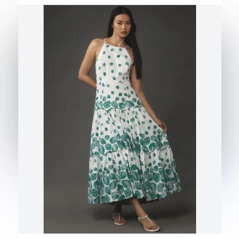 Maeve Halter Tiered Maxi Dress White Print